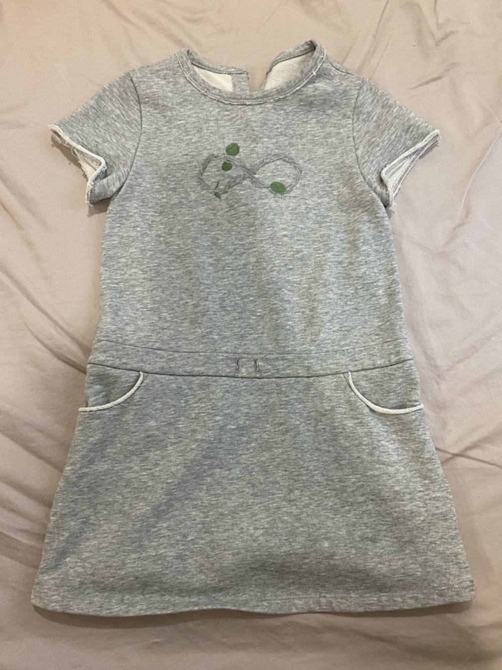 Girls' Grey Short Sleeve Sweatshirt Dress with Green Detail